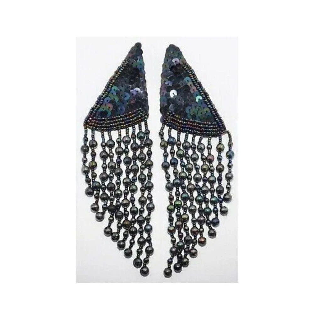 Vintage 80s Glass Beaded Iridescent Peacock Fringe Statement Runway Earrings 6